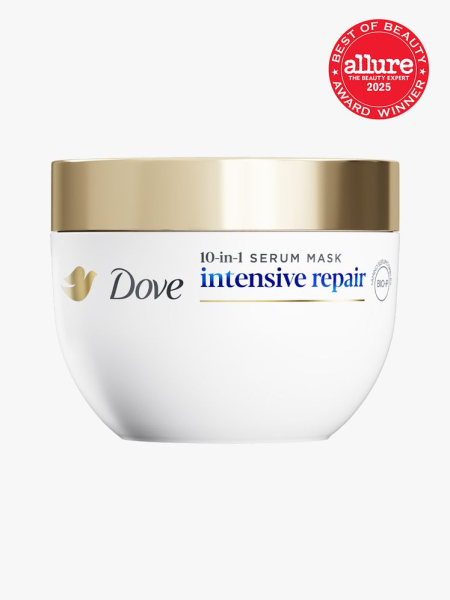 Dove Intensive Repair 10-in-1 Serum Mask in branded white jar with gold twist cap on light gray background with red Allure Best of Beauty seal in the top right corner