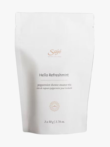 Saje Natural Wellness All-Natural Shower Steamers in branded component on a light gray background